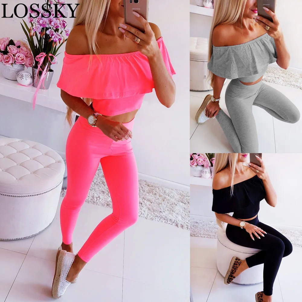 المرأة الصيف مثير 2 قطعة مجموعة الكشكشة المحاصيل أعلى و Bodycon السراويل مائل الرقبة المحاصيل بلوزة الإناث ضئيلة عالية الخصر السراويل الطويلة د...