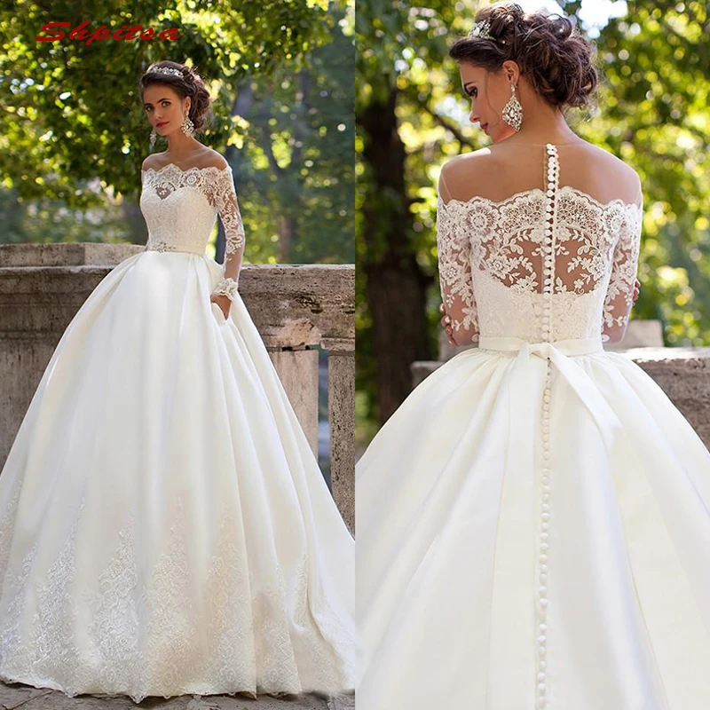 

Long Sleeve Lace Wedding Dresses Ball Gown Satin Off Shoulder Plus Size Bride Bridal Weding Weeding Dresses Wedding Gowns 2019