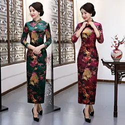 Oversize 3XL 4XL традиционный печати чеонгсам с цветочным узором китайский для женщин Вечеринка платье зимние Бархатные длинные разделение Cheongsam