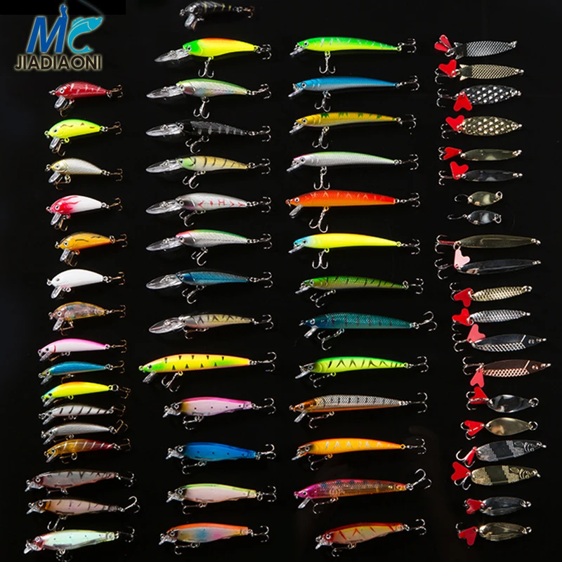 

JIADIAONI 63pcs/lot Fishing Lure Set Fly Tying Wobbler Minnow Hard Bait Metal Jig head Lure Crankbaits Carp Fishing Accessories