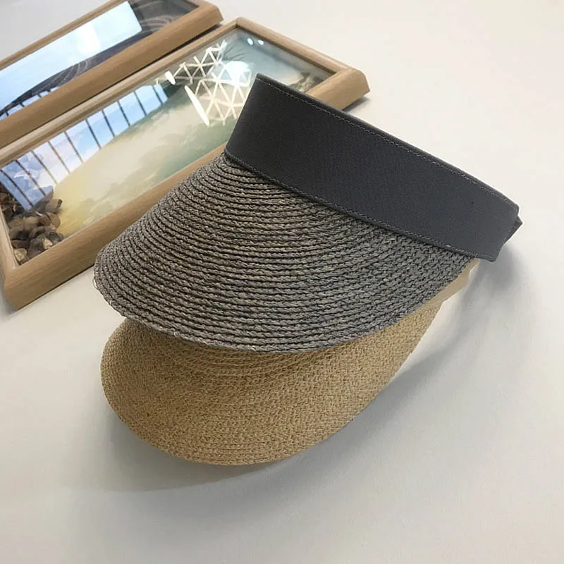 

Foldable Solid Raffia Empty Top Sun Visor Caps Summer Straw Visor Hat Wide Brim Beach Travel Hat Free size Ponytail6 COLOR