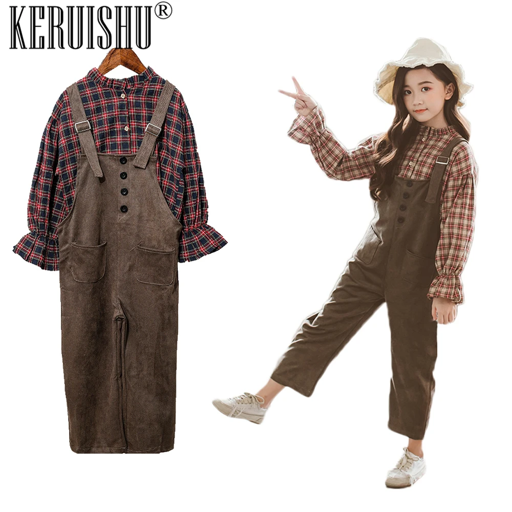 

KeRuiShu 2 Pieces Set Girl Clothes(Shirt+Overalls)Autumn Full Bell Sleeve Plaid Blouse Brown Overalls Kids Girls Casual Clothing