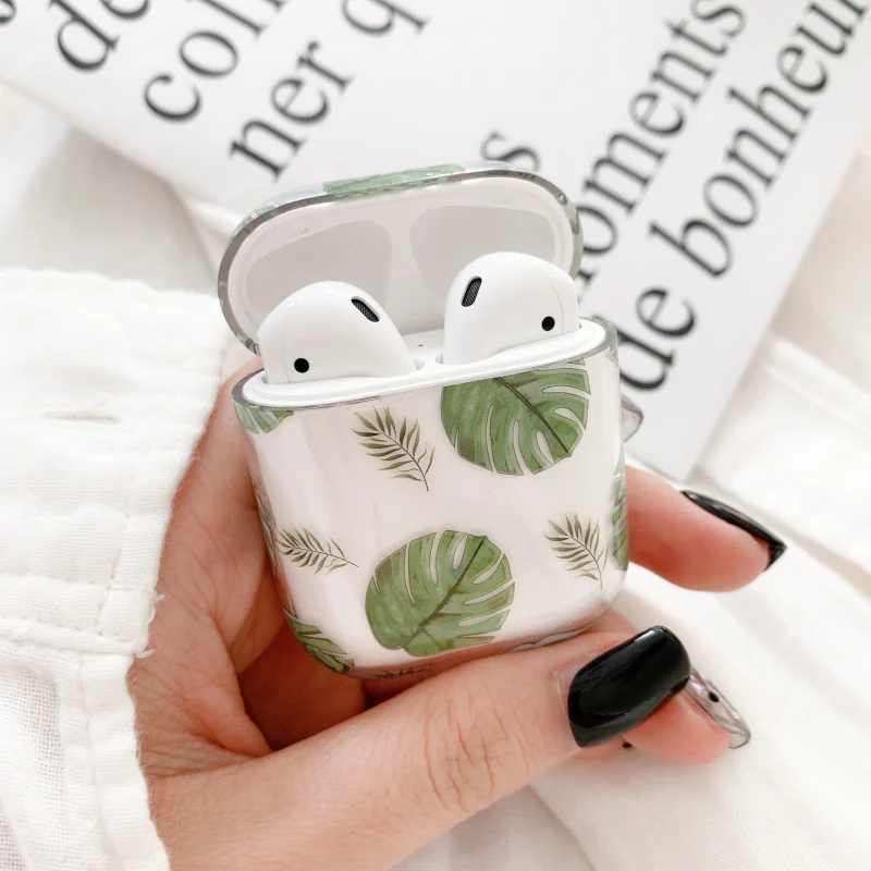 

Green Leaves Flower Clear Headphone Case for Apple Airpods Hard PC Accessories Wireless Bluetooth Earphone Cover For Airpods 2