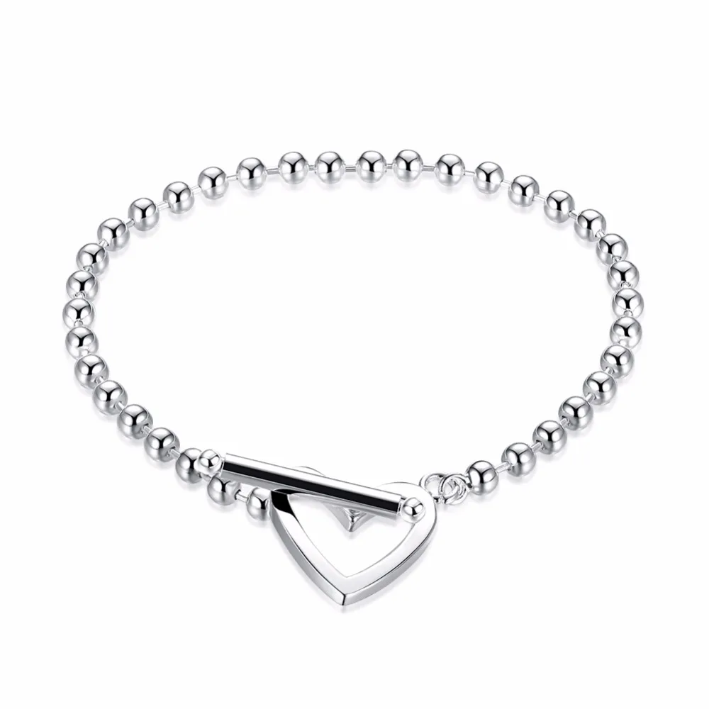 SMTCAT 925 Solid Real Sterling Silver Fashion Beads Heart Star Bracelet 16cm For Teen Girls Lady Gift Women Jewelry DS1014