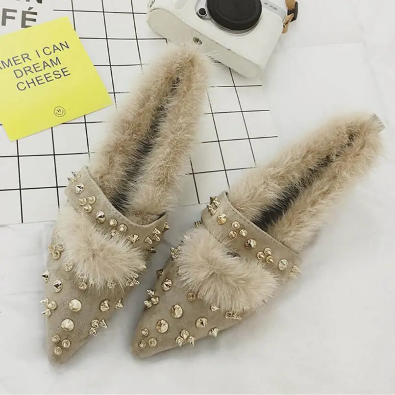 

rabbit fur flat shoes woman pointed toe rivets fur flats famous brand studs belt mules shoes ladies warm plush winter shoes c76