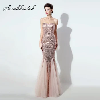 

Cheap Long Bling Blush Sequin Evening Dress Sweetheart Mermaid Tulle Custom Made Prom Party Gowns Formal Women Dresses OS235