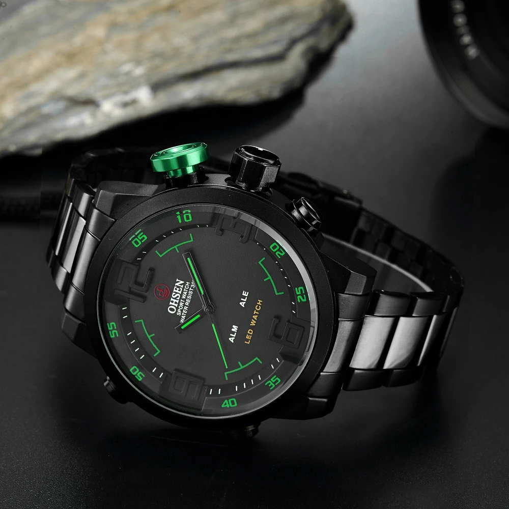 Новинка Ohsen цифровой бренд спортивные мужские кварцевые наручные мужские часы 30 м водонепроницаемый полный стальной ремешок зеленые модные часы montre homme