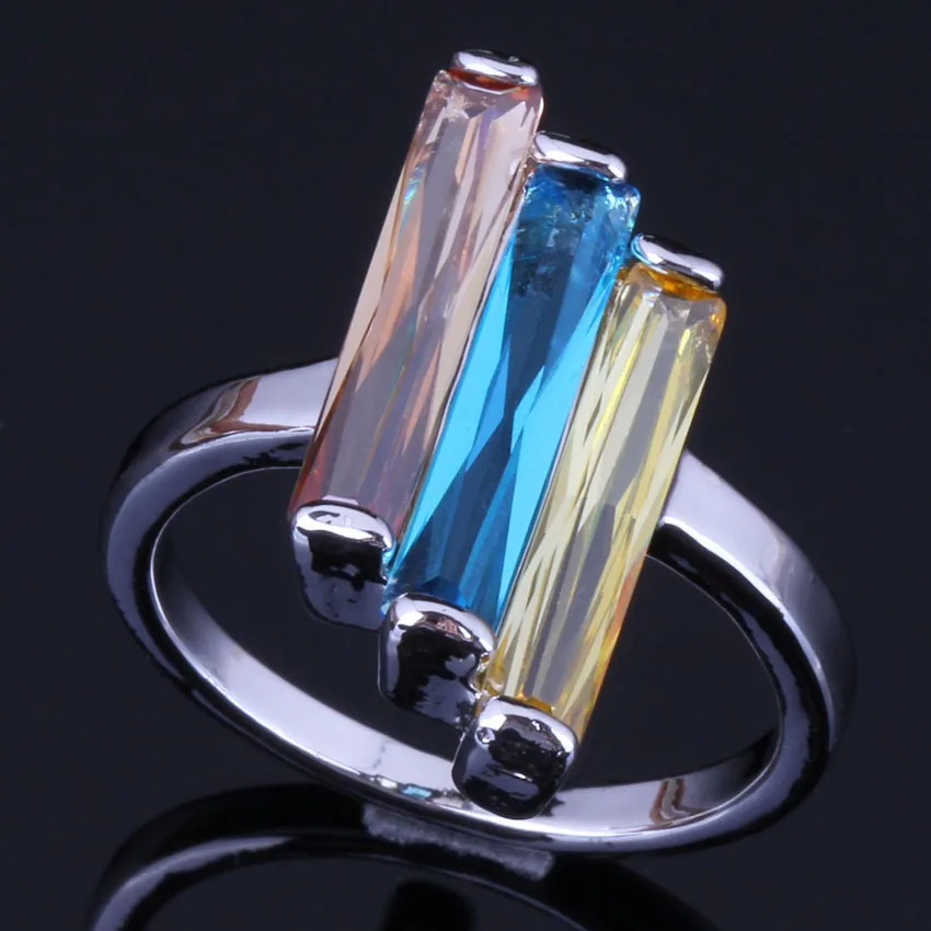 

Glittering Rectangle Multigem Multicolor Brown Yellow Sky Blue Cubic Zirconia 925 Sterling Silver Ring For Women V0431A