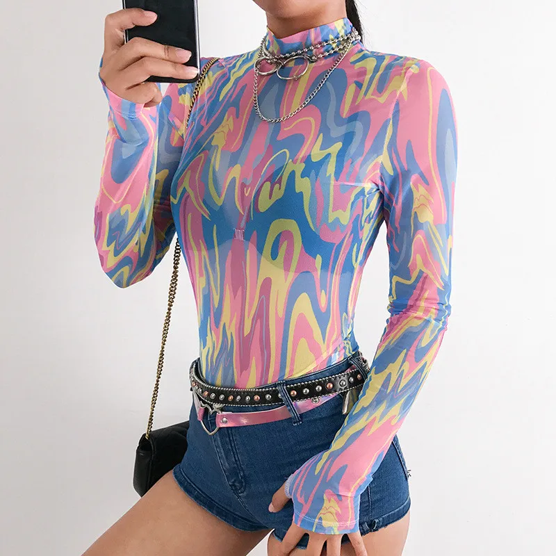 

Women Turtleneck Full Sleeve Colorful Mesh Bodysuit Summer See Through Casual Elastic Skinny Rompers Slim Transparent Overalls