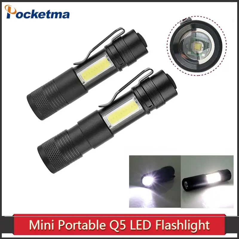 

New Mini Portable Aluminum Q5 LED Flashlight XPE&COB Work Light lanterna Powerful Pen Torch Lamp 4 Modes Use 14500 or AA 10