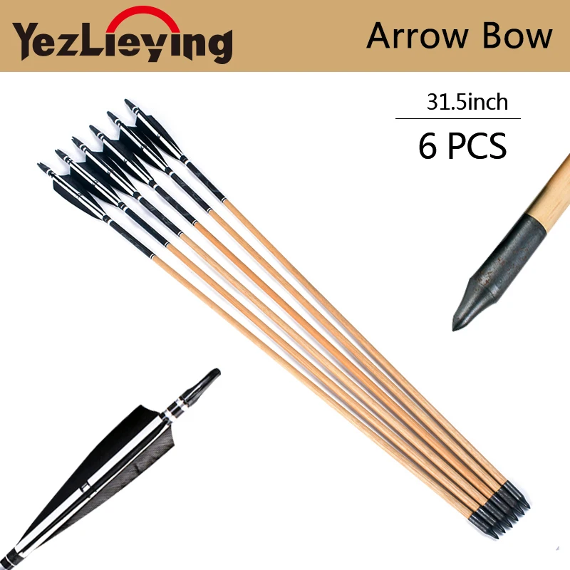 

6PCS Crossbow Hunting 80cm Handmade Wood Arrows Turkey Feathers 25-50lb Compound/recurve Bow Hunting Archery