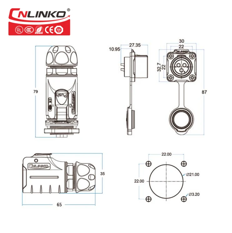 CNLINKO LPseries M20 2pin гнездовая розетка 20A мощность IP67 водонепроницаемый разъем