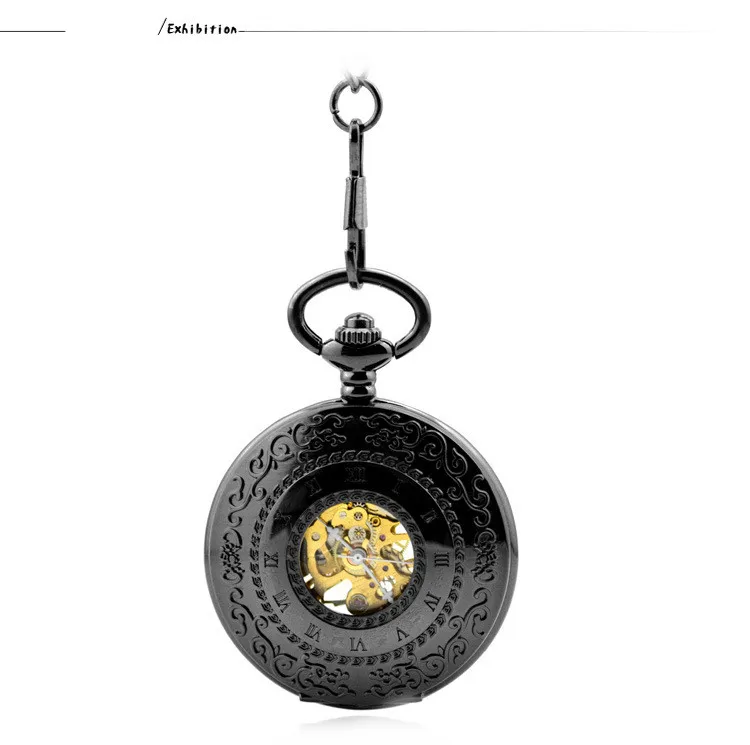 Черный Классический Скелет Механический ручной взвод карман fob Часы Для женщин часы кулон Цепочки и ожерелья подарок римскими цифрами