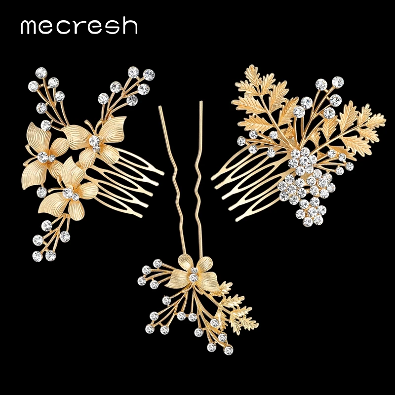 

Mecresh 3pcs/set Gold-Color Butterfly with Leaves Bridal Combs Crystal Flower Wedding Hair Accessories Tiara TS022