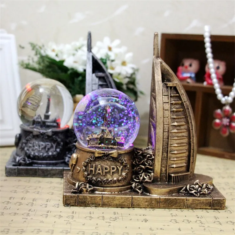 

World famous Architecture Metal Craft Dubai Arab Tower Model Rotary Crystal ball Decoration 3D Building Figurine home Decoration