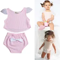 Emmaaby/милые летние розовые топы с рукавами-крылышками для новорожденных и маленьких девочек; комплект одежды из 2 предметов; шорты с бантом;