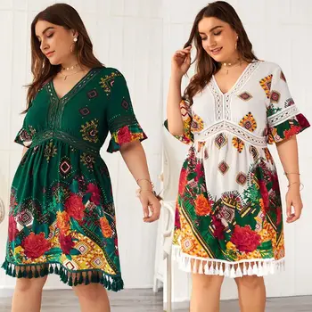 

Plus Size Women Holiday BOHO V Neck Short Sleeve Tassels Lace Floral Print Short Wrap Dress