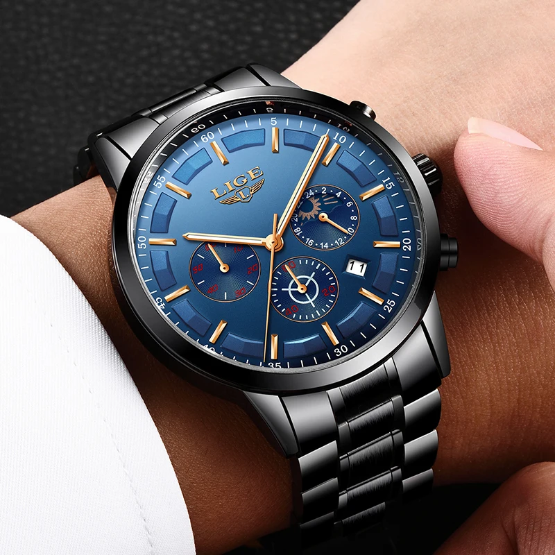2018LIGE Watch Mens Sports Waterproof Top Luxury Brand Quartz Clock Business Fashion Full Steel Mens Watches Relogio Masculino