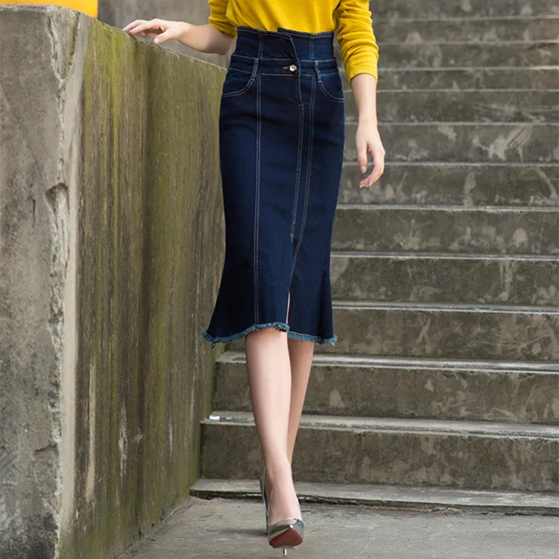 

Free Shipping 2019 Stretch Long Knee Length Denim Jeans Skirts For Women Plus Size XS-XL Mermaid Style Skirts High Waist Summer