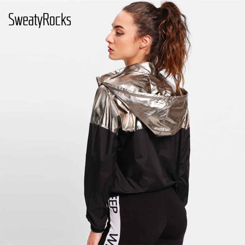Greatest  SweatyRocks Two Tone Metallic Casual Hoodie Jacket Color Block Drawstring Women Clothing Top Pocket