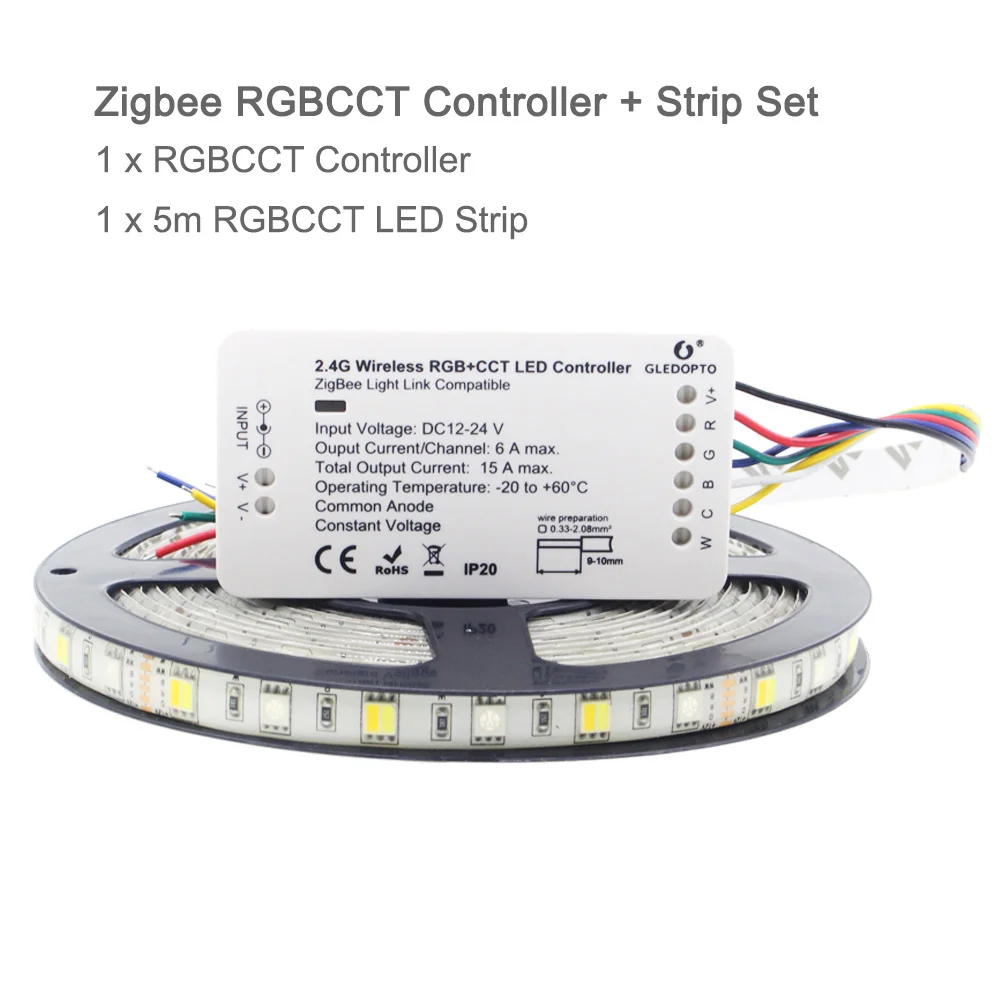 Esperto da Ligação Emissor de Luz de Tira de Zigbee Conduziu o Trabalho com Alexa o Controlador Impermeável Zll da Fita da Listra do Diodo Rgbcct m Eco 5050 12 v 5 10 Luzes e Iluminação