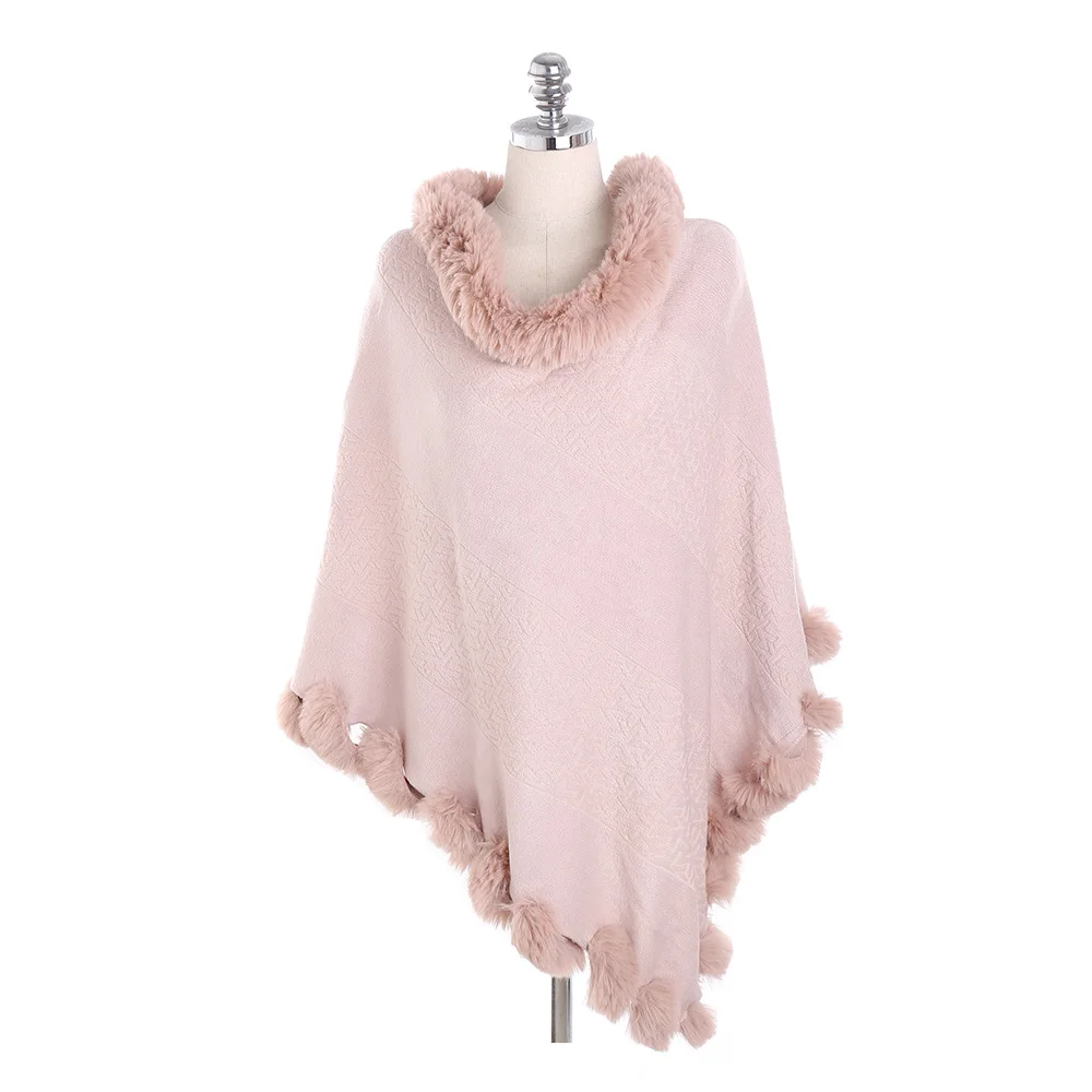 FS пуловер с меховым воротником, розовые кашемировые пончо и накидки, шаль из пашмины с помпоном, теплое винтажное одеяло, шарф, накидка для женщин - Цвет: Pink Poncho
