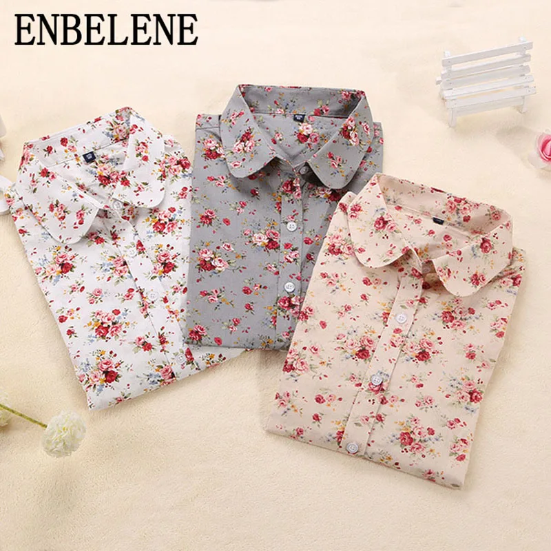 

Autumn Women Cotton Floral Shirts For Female Long Sleeve Tops Ladies Blue Gray Ladies Casual Slim Blouses Turn Down Collar BJ062