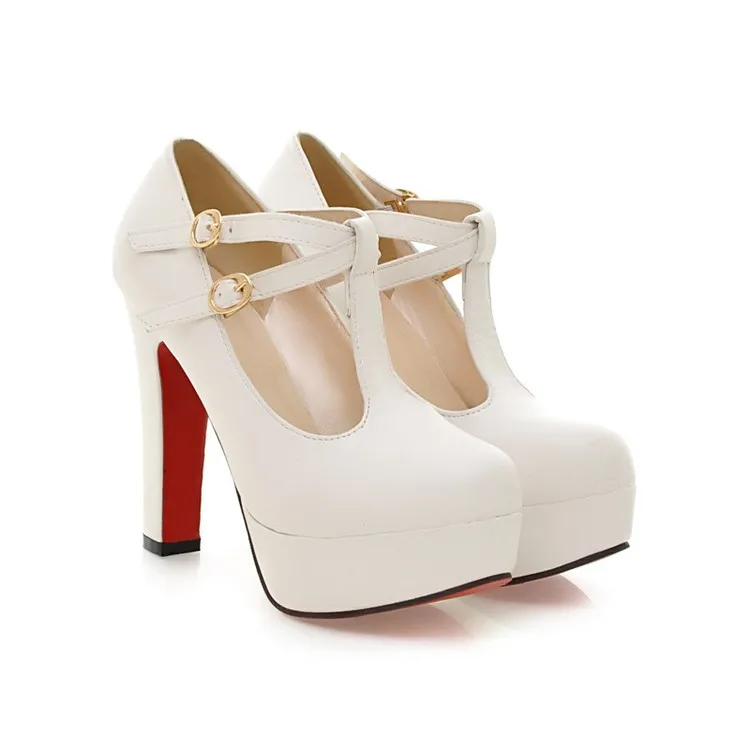 Women Platform Pumps Super High Heels Shoes Woman Leather Red Bottom Shoes Round Toed T-belt Big Size 42 43 Women Wedding Shoes