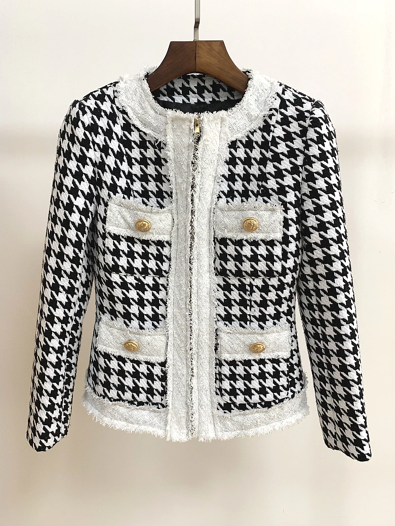 HIGH STREET Newest Fall Winter Designer Jacket Women's Zip Houndstooth Fringed Tweed Jacket Coat