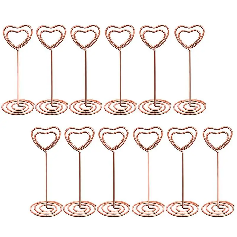 12 Pcs Rose Gold Heart Shape Photo Holder Stand Desk Number Holders Card Place Paper Clamps For Wedding Party Decorations