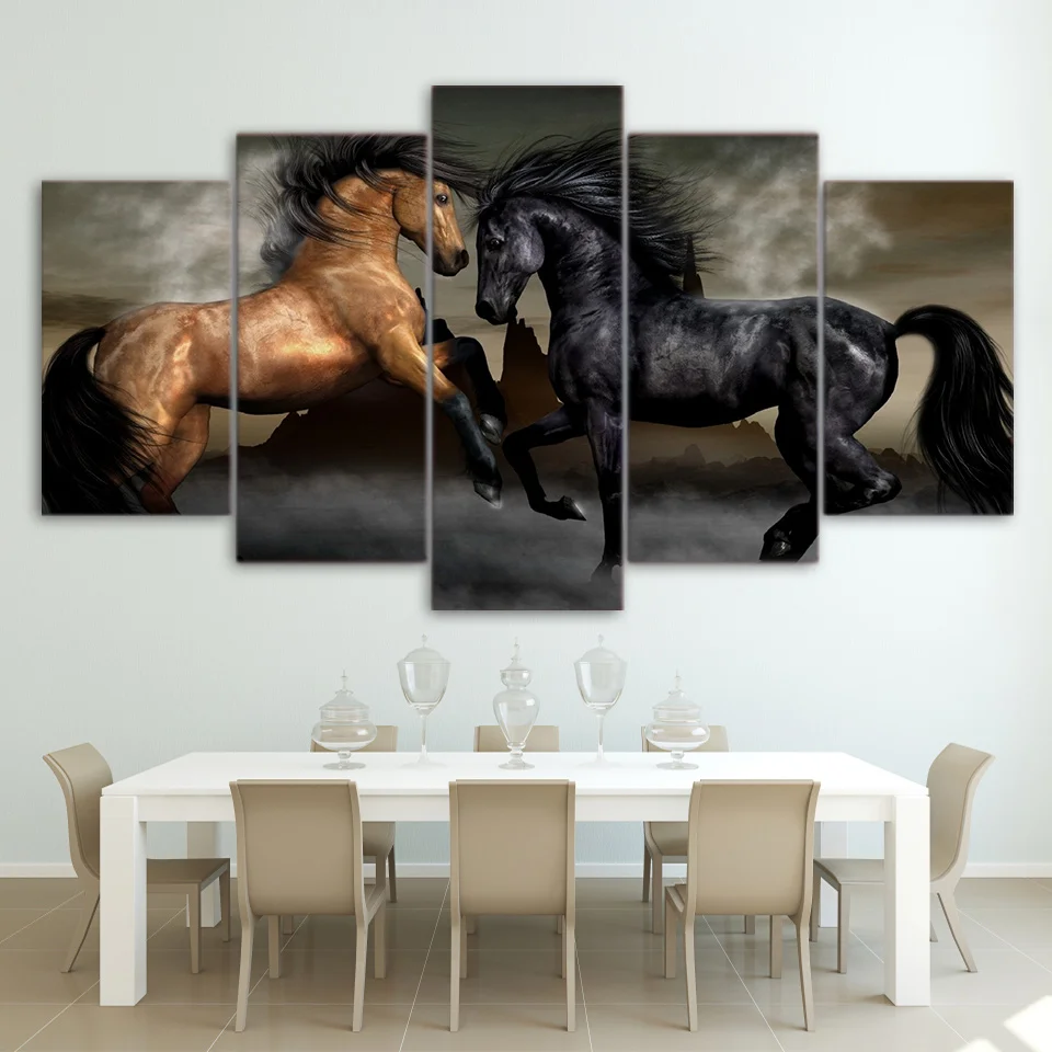 

5 Piece HD Print Large Black Brown Two Horse Animal Painting Canvas Wall Art Picture Home Decoration Living Room Canvas Painting