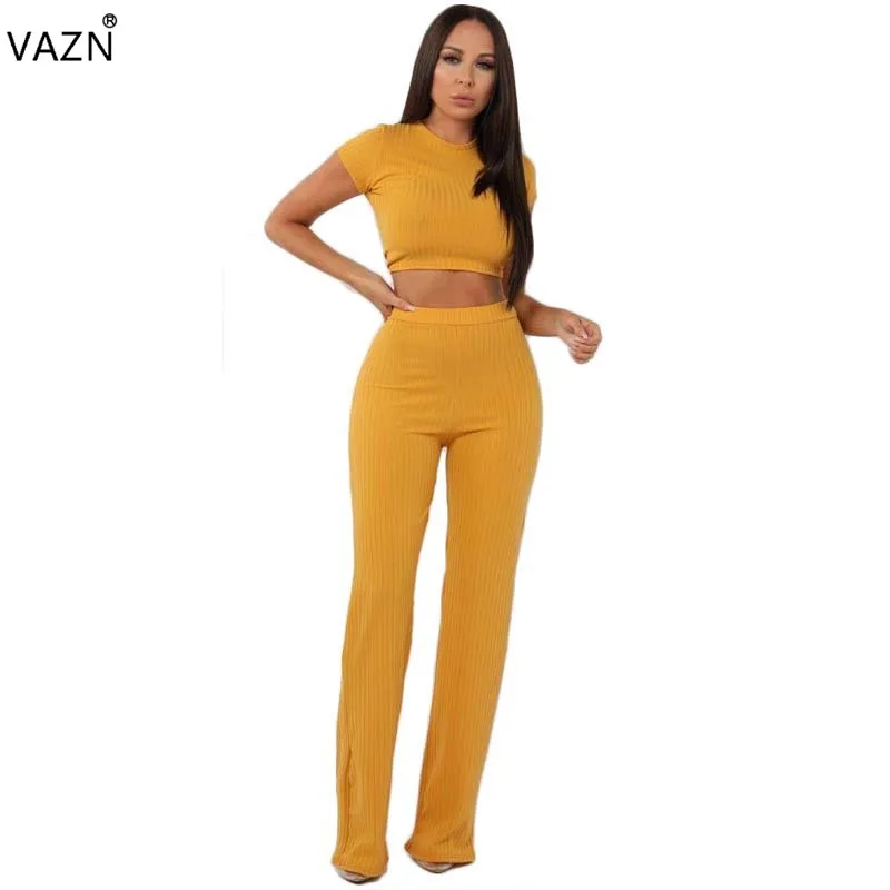VAZN 2019 Hot Elegant Fashion Ladies Sexy 2 Piece Set Solid O-Neck Short Sleeve Full Length Lady Hollow Out Knit TJM9298 | Женская