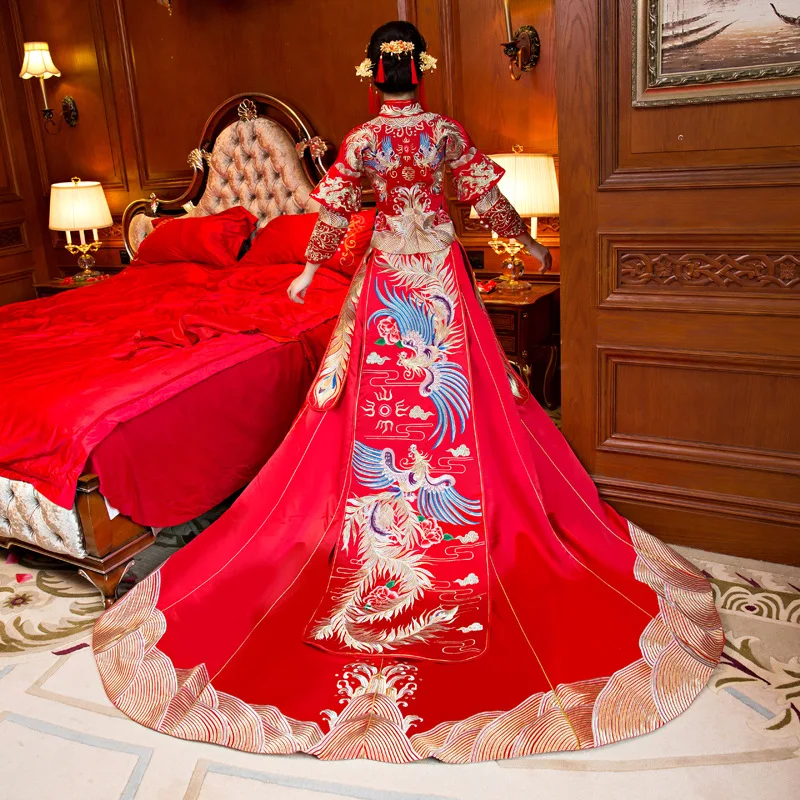 Стиль с вышивкой торжественное платье Королевский Феникс свадьба cheongsam костюм красный невесты Винтаж Китайский Традиционный Тан костюм Qipao