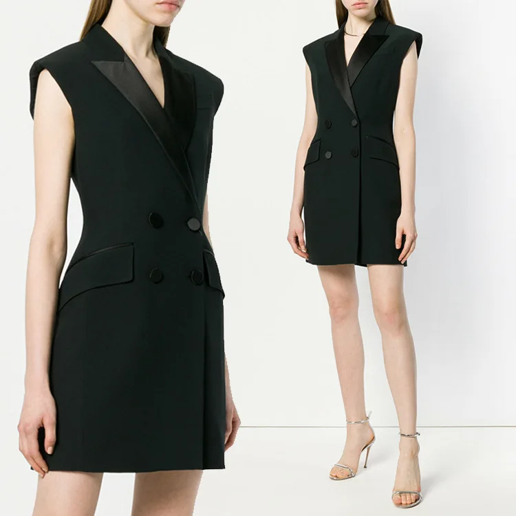 

Spring 2019 New Suit Waistcoat Double Breasted OL Skilful Dress Tank Turn-down Collar Sleeveless A-Line Black Suit Women Dress