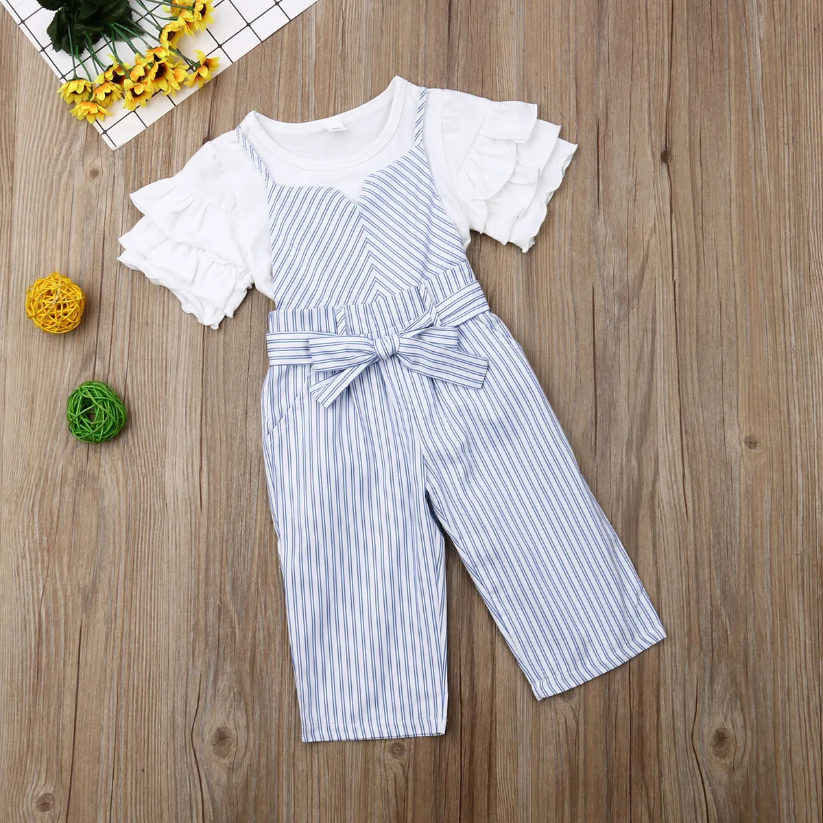 Pudcoco Toddler Baby Girl Clothes Cotton Ruffle T-Shirt Tops Striped Overalls Pants 2Pcs Outfits Summer Clothes