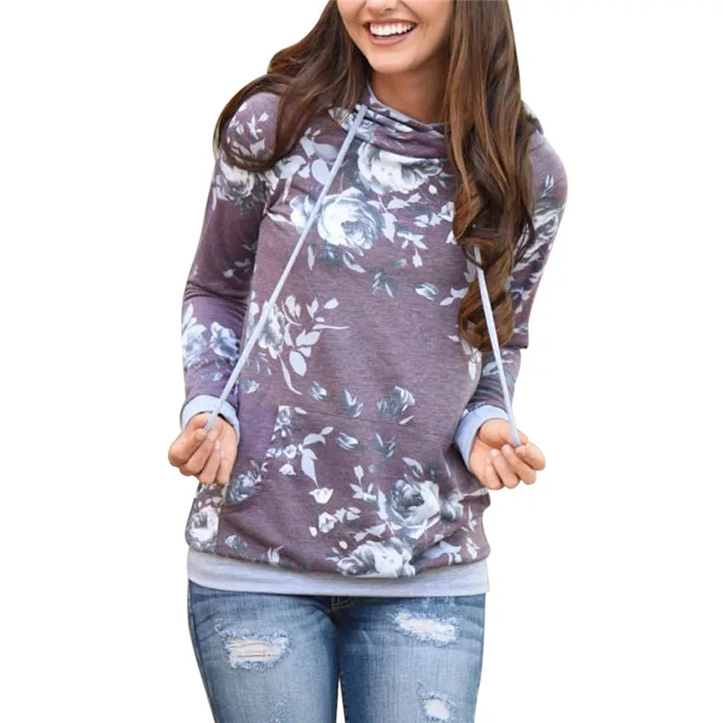 Autumn Floral Printed Sweatshirts Hoodies Women New Hooded Long Sleeve Plus Size Pockets Casual Tops Streetwear Ladies Pullovers