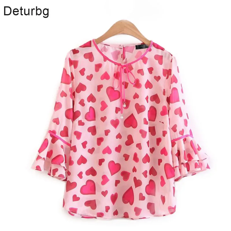 Womens New Cute Love Heart Print Blouse Female Casual Half Sleeve