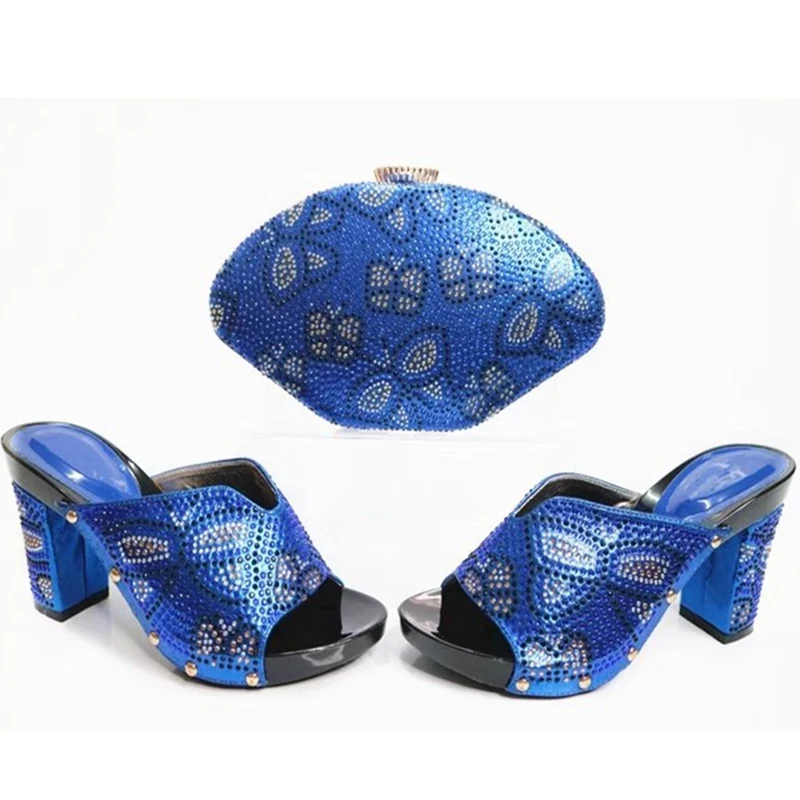 

New Arrival Blue Color Shoes and Bag Set Decorated with Rhinestone Nigerian Women Wedding Shoes and Bag Set Italy Party Shoes