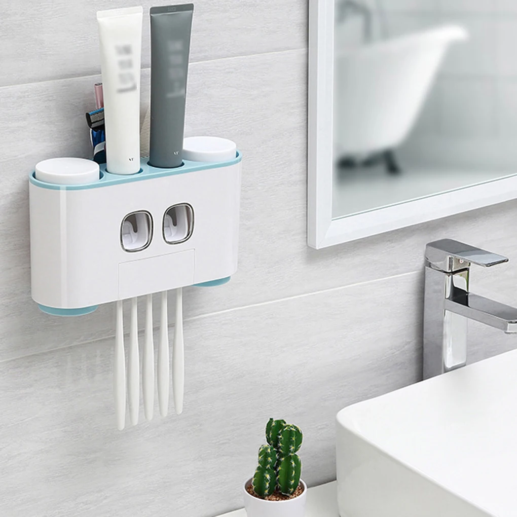 

Double Automatic Toothpaste Squeezer 4 Cups Anti-dust Toothbrush Holder Rack Set Bathroom Auto Squeezing Toothpaste Dispenser