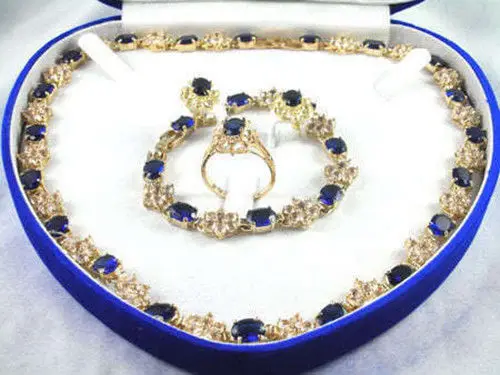 

shippingPretty plated 14KGP Yellow gold blue sapphire necklace bracelet ring set