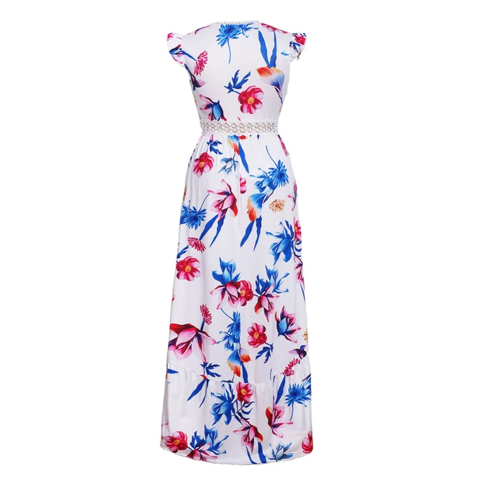 JSMY 2019 New Summer Fashion Women Petal Sleeve Lace Stitching V-neck Print Swallowtail Dress