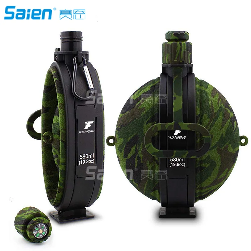 

Collapsible Military Water Bottle - Newly Designed Silicone Water Kettle Canteen with Compass Bottle Cap for Hiking Camping