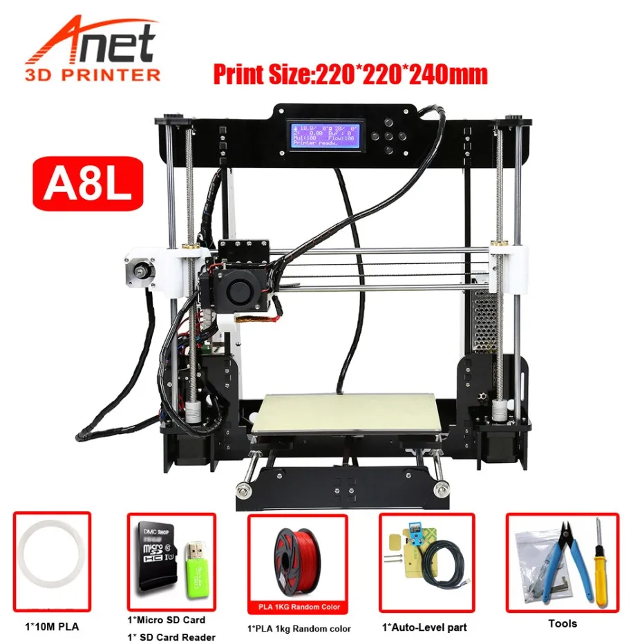 Anet Auto A6 A8 3d принтер с высокой скоростью печати Reprap Prusa i3 высокоточные игрушки DIY 3d Принтер Комплект с нитью алюминия Горячая кровать - Цвет: A8L With 1KG PLA