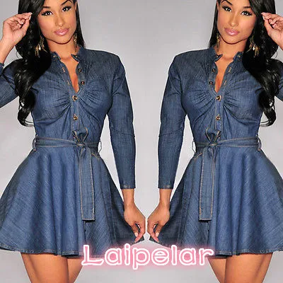 Bowknot Belt Long Sleeve Dresses Fashion Women Slim Fit Blue Denim Jean Dress Plus Size Laipelar Bowknot Belt Long Sleeve Dresses Fashion Women Slim Fit Blue Denim Jean Dress Plus Size Laipelar