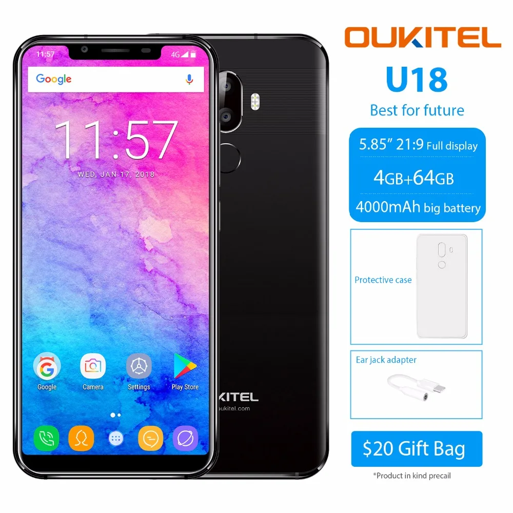 Oukitel U18 5 85 21:9 дисплей FACE ID 4 ГБ ОЗУ 64 Гб ПЗУ Android7.0 Восьмиядерный процессор MTK6750T 13 МП +
