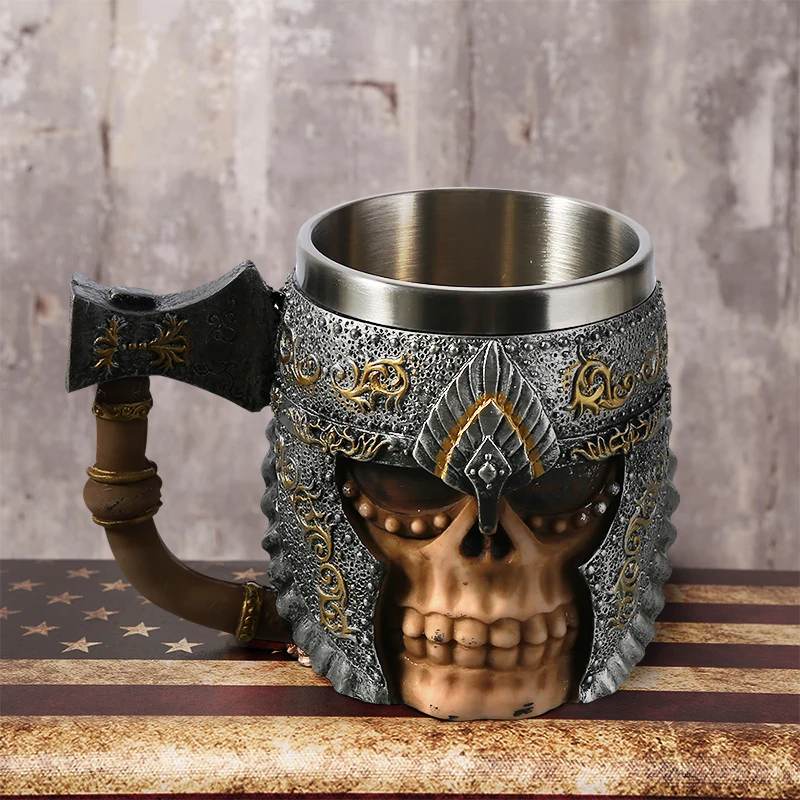 

1Pcs 3D Axe ePacket Handle Viking Warrior 450ML Skull Mug Gothic Tankard Halloween Decoration Skeleton Cup Beer Stein Man Gift