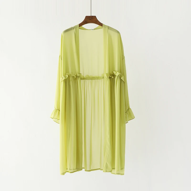 Женский летний пляжный кардиган Boho шифоновый с кружевными оборками подходит ко