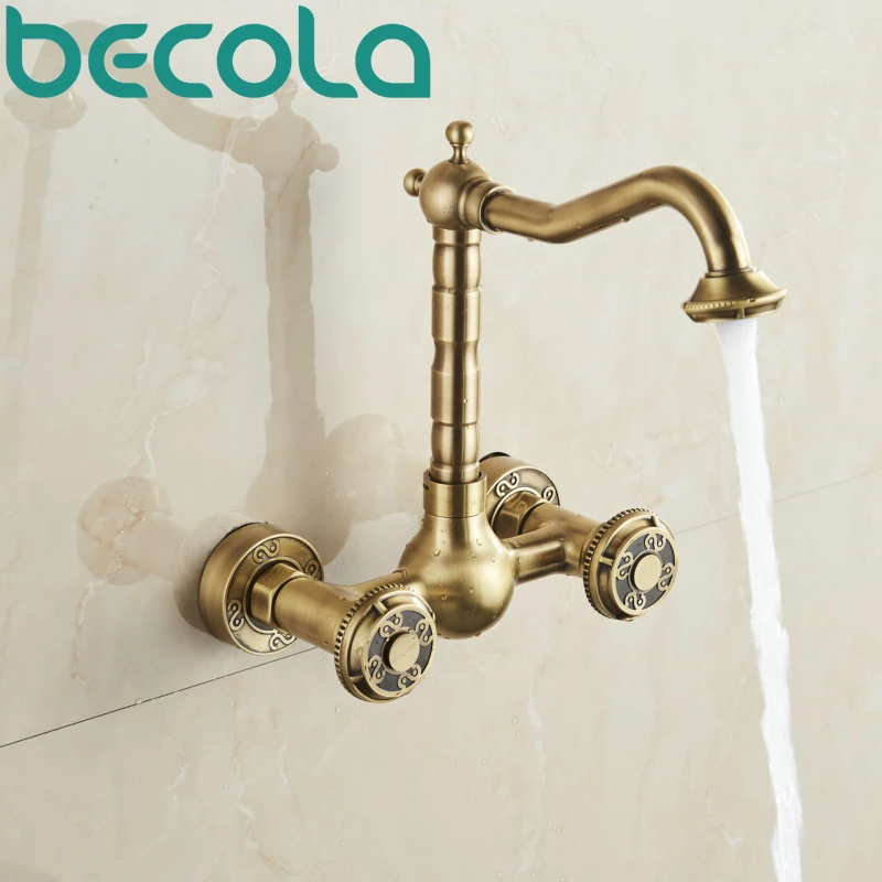 Becola новый дизайн настенный ванная комната бассейна кран двойной ручкой античная латунь Кухня Раковина Смеситель B-10707
