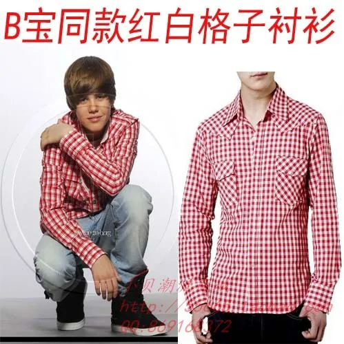 justin bieber b clothes male long sleeve red and white plaid shirt