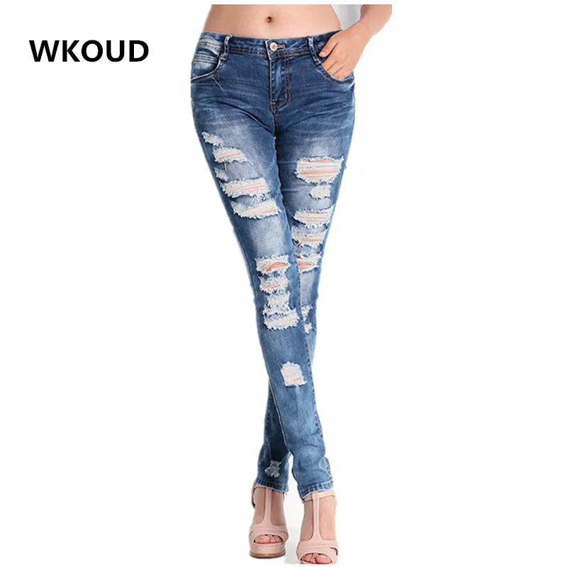 WKOUD Ripped Jeans For Women Irregular Holes Decorate Denim Jeans